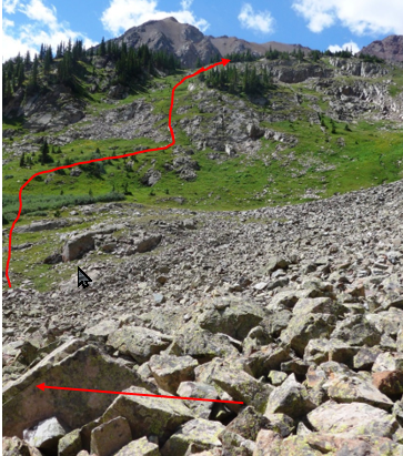 Route above the boulder field toward Hayden Peak