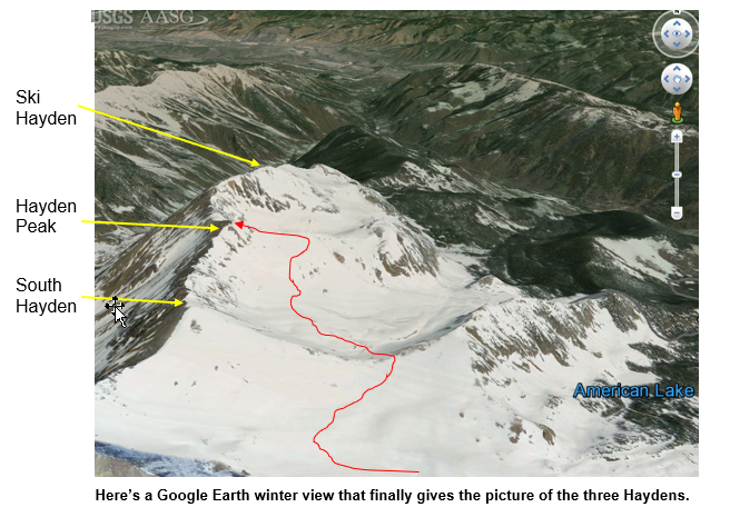 Google Earth route view of the Hayden peaks