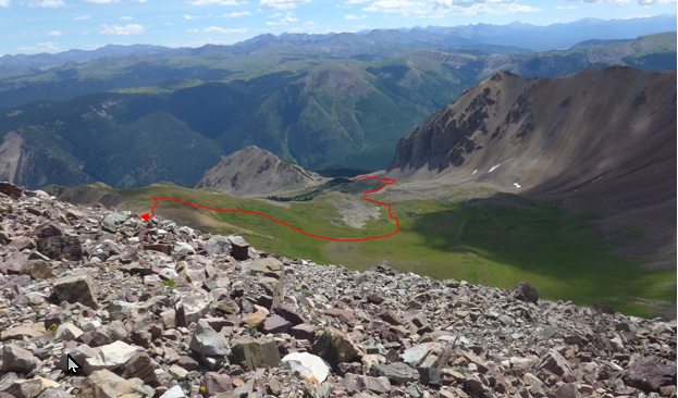 Looking back from the summit with route line