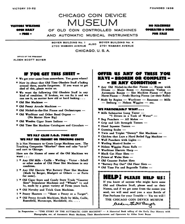 Boyer museum mailer seeking desired machines. Note that even in the 1930's the desirability of the stringed instruments, the Encore Banjo, Mills Violano, and the Wurlitzer Harp, was sufficiently high to merit specific mention. 