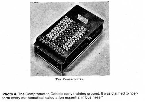 The Comptometer, Gabel's early training ground. It was claimed to "per-form every mathematical calculation essential in business."
