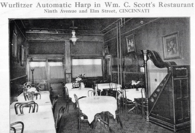 A 1912 Wurlitzer mailer showing a Style B Harp in use in a restaurant setting. The Wurlitzer decal on the side of the harp has not been found on any extant machines.