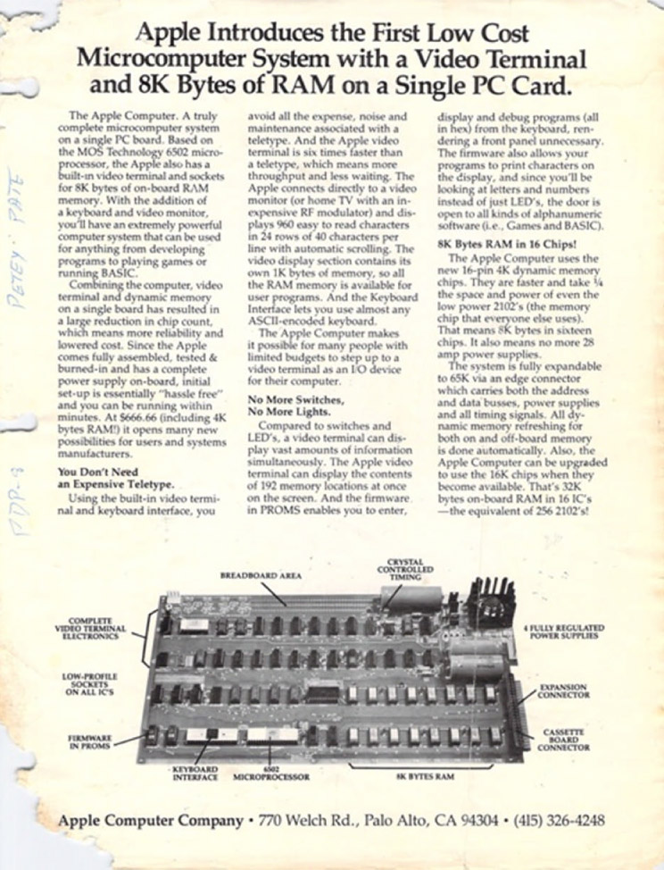 Apple 1 Original Ad: "no more switches, don't need a teletype..." Rick Crandall collection