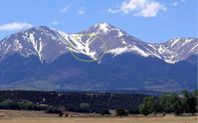See the Angel of Shavano within the annotated yellow circle. Mt. Shavano summit is above and to the right.