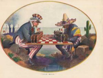 1890 cartoon showing Uncle Sam and Mexico playing chess with soldiers.