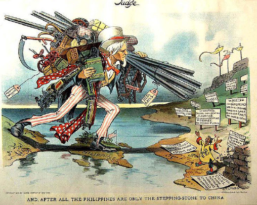 1902 from a Judge Magazine editorial cartoon after US conquest of the Philippines. Uncle Sam stepping across the ocean into the Philippines loaded with symbols of modern civilization. 